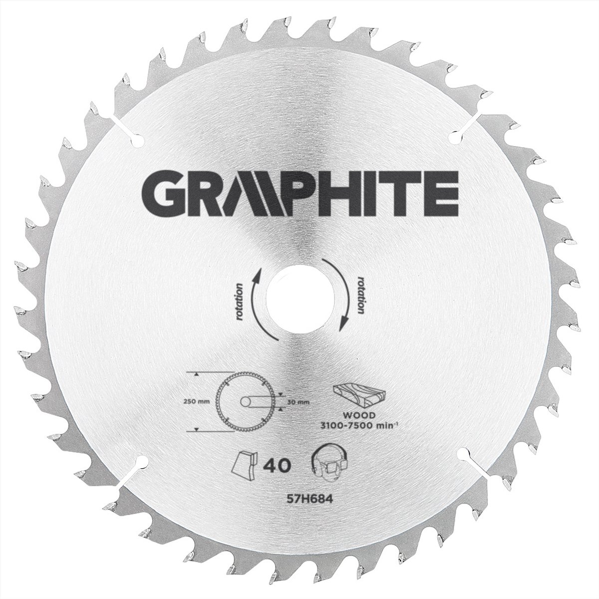 Graphite circelzaagblad voor hout 250mm, asgat 30mm, tanden 40, dikte 3,2, vulringen 16/20/25, tct