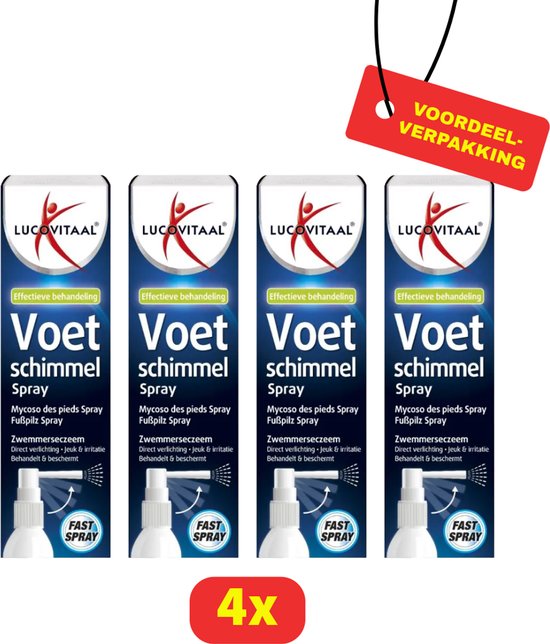 Vier flacons Lucovitaal voet schimmel spray, met rode voordeelverpakking sticker.