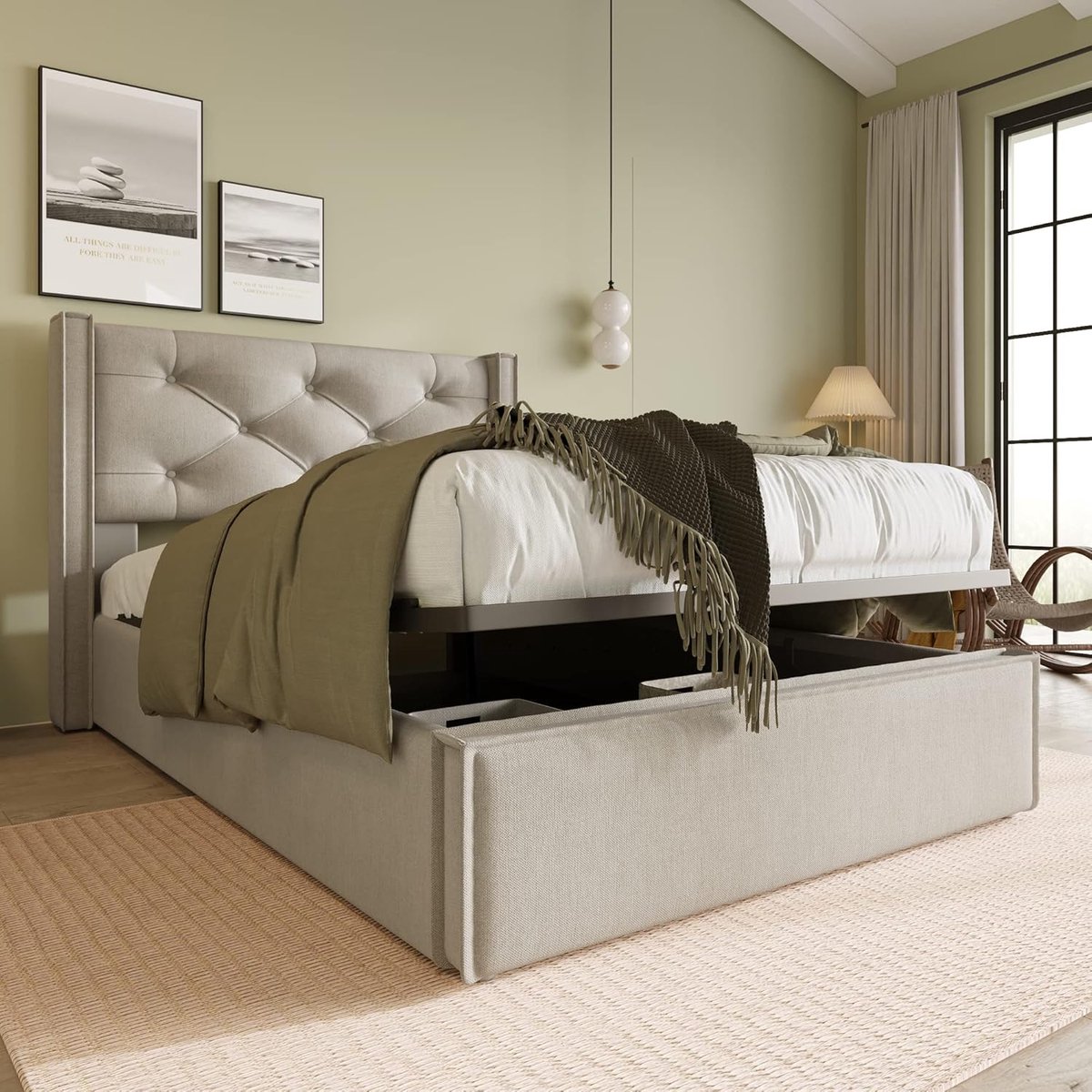 Opbergbed 90x200 cm met Gestoffeerd Hoofdbord en Liftfunctie – Modern Lichtgrijs Eenpersoo