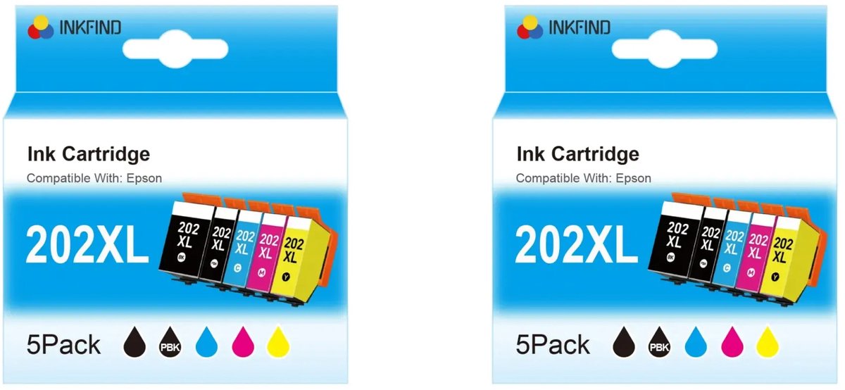 INKFIND 202XL inktcartridge voor Epson 202 202XL Epson202 Epson202XL inktcartridge multipack 10 stuks (2*5pack=Zwart x 2, foto Zwart x 2, Cyaan x 2, Magenta x 2, Geel x 2) voor Expression Premium XP 6000, XP 6005, XP 6100 en XP 6105