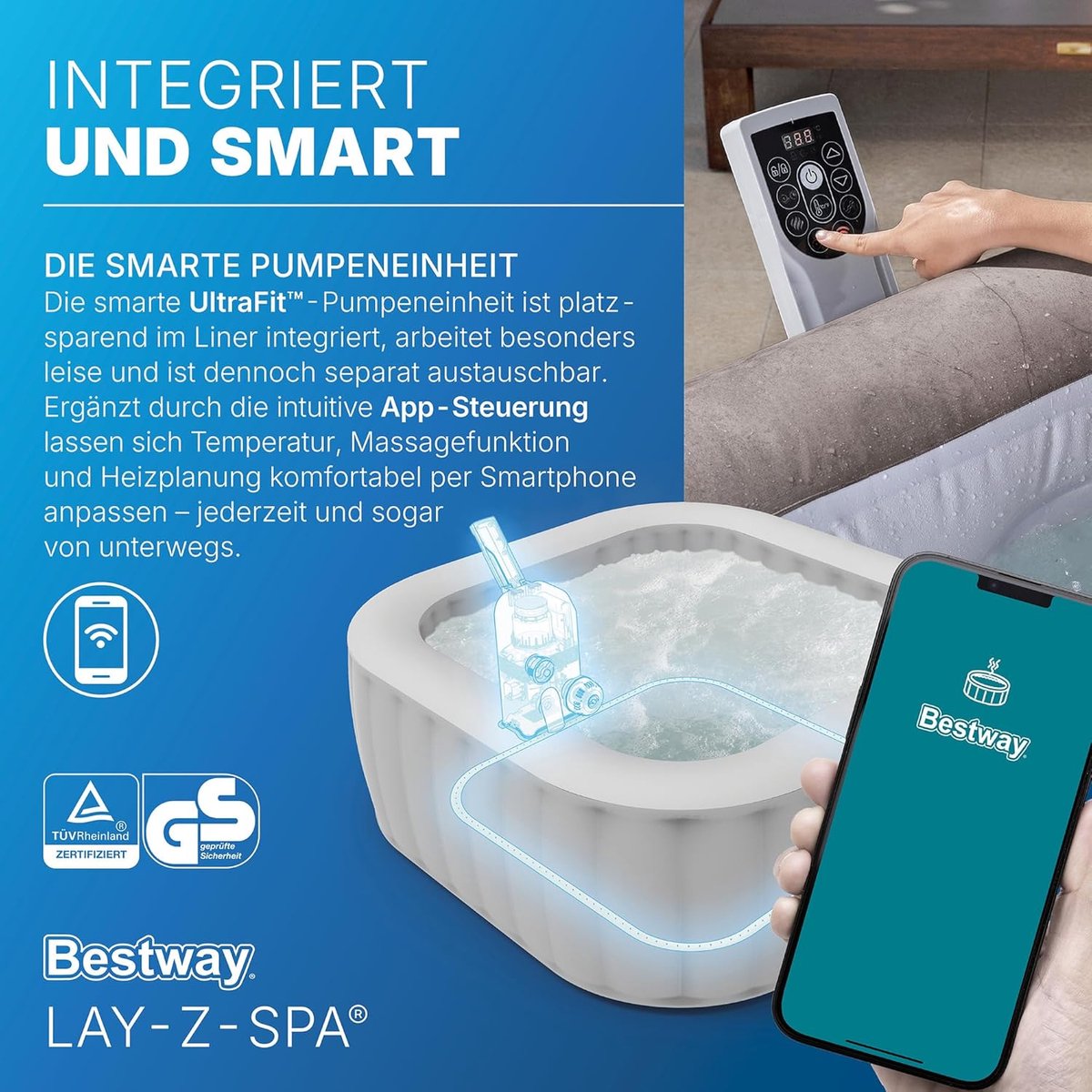 Opblaasbare Whirlpool Ø 180 x 63 cm – 4 Persoons Jacuzzi met 120 AirJets, Verwarming tot 40°C, 708L Inhoud & Digitaal Bedieningspaneel – Luxe Indoor & Outdoor Spa Rond – Laura