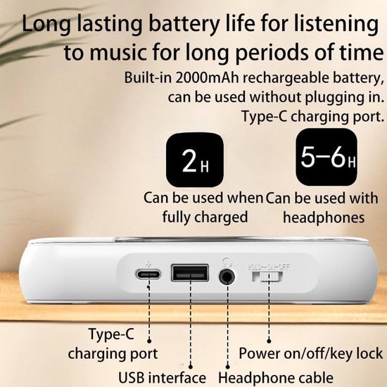 Draagbare Bluetooth CD-speler - USB-C Snelladen - Ultradun & Compact - Ondersteunt MP3 & WMA - 1200mAh Batterij - Incl. AUX - Zwart — afbeelding 4