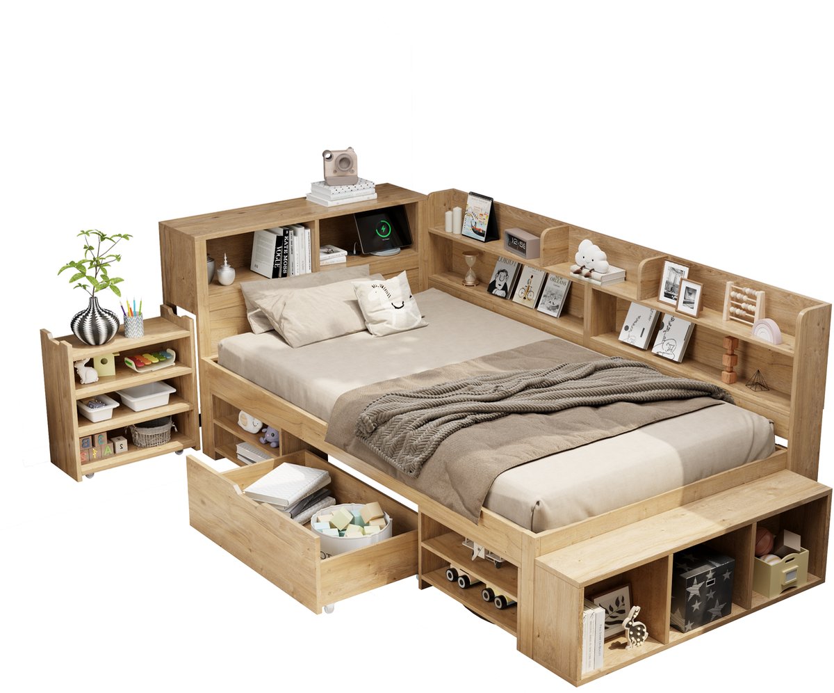 Lemonbest Kinderbed 90x200 cm - opbergbed met nachtkastjes en boekenkast - eenpersoonsbed met draadloos opladen - naturel