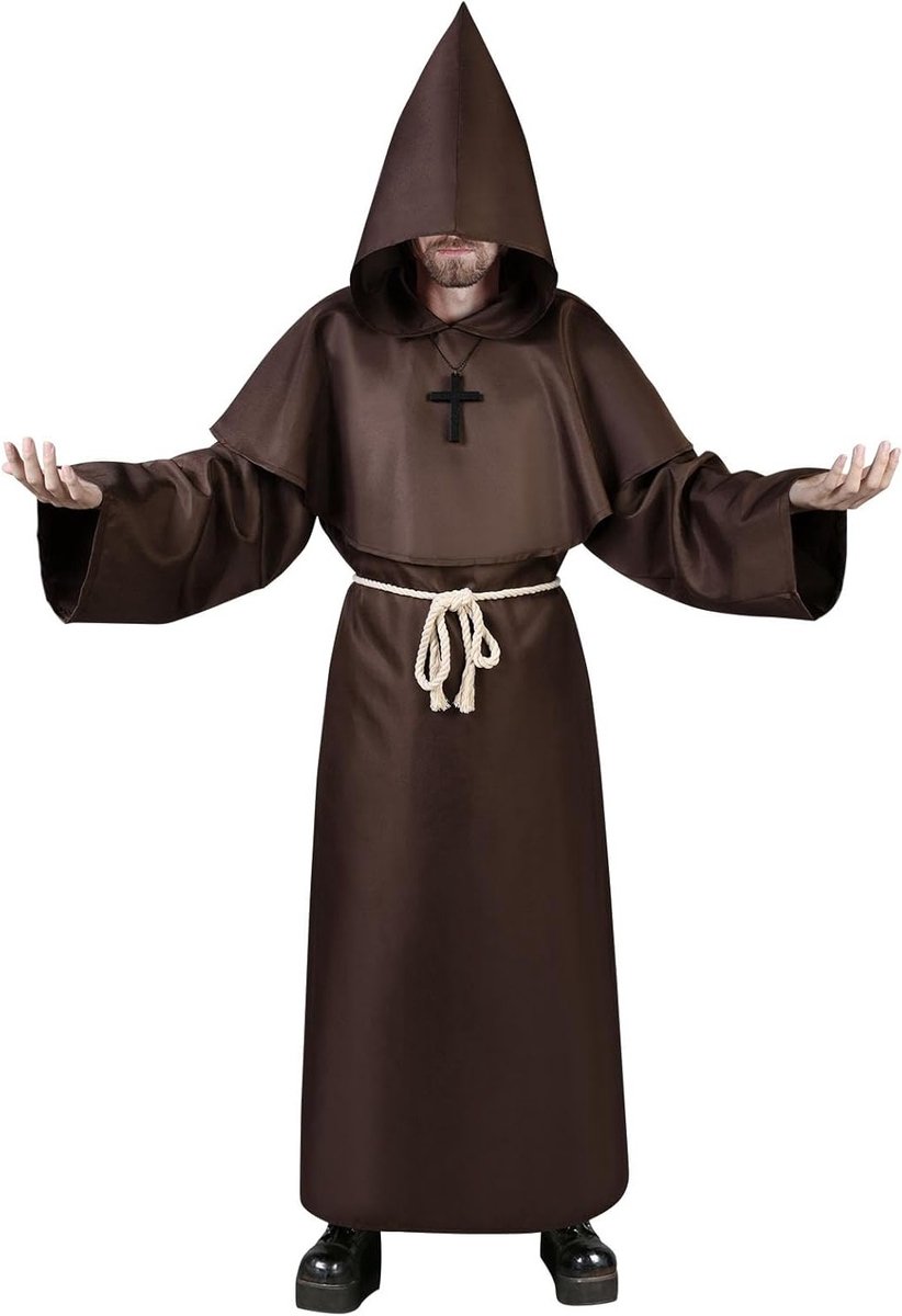 Middeleeuws Monnik Kostuum voor Volwassenen, 4-delige Cape met Kap, Pastoor Outfit en Cosplay voor Halloween en Feestjes