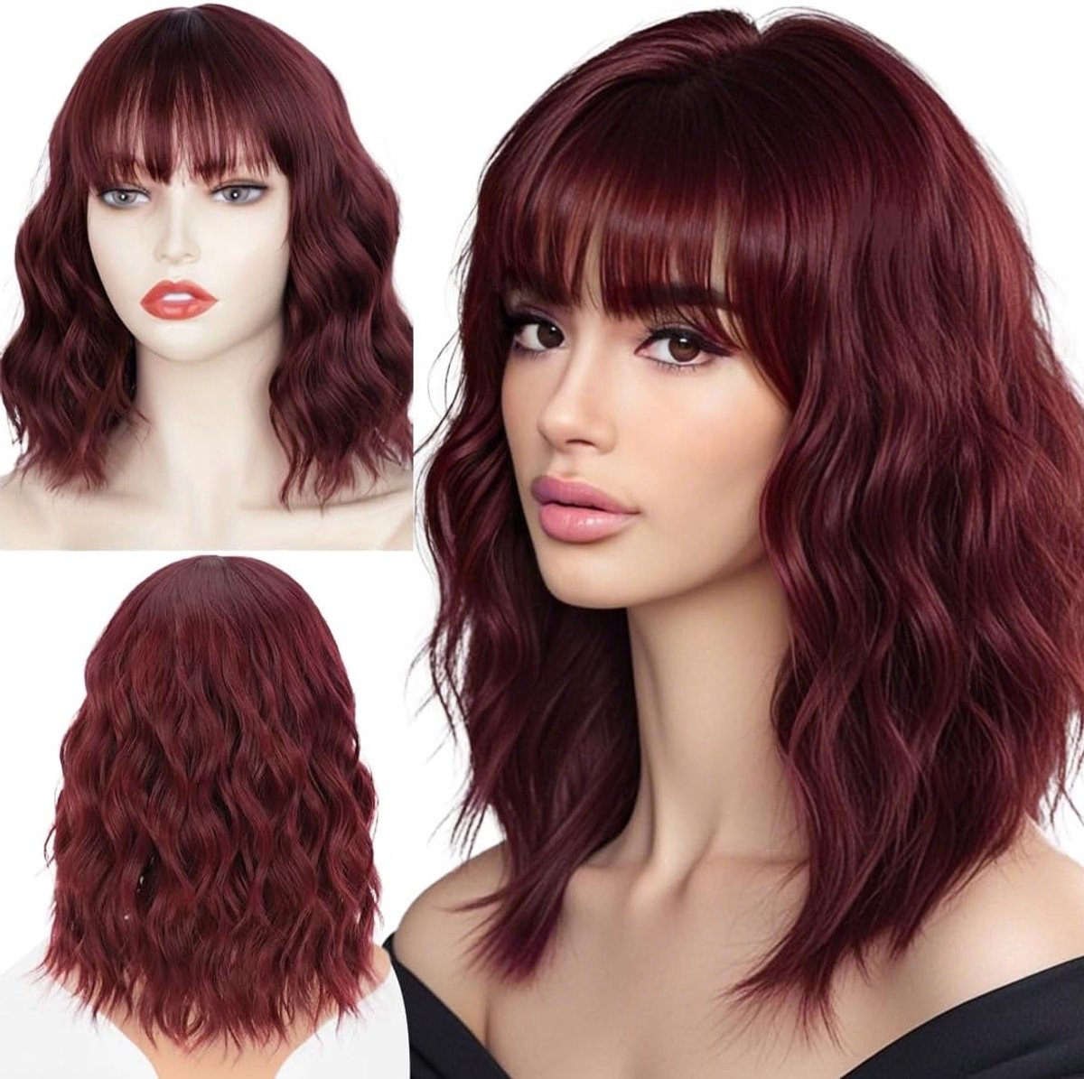 Korte Bob Peruk met Pony, Golvend en Krullend, Schouderlengte, Synthetisch, Natuurlijke Uiterlijk, Warmtebestendig, Perfect voor Feest en Halloween Kostuum