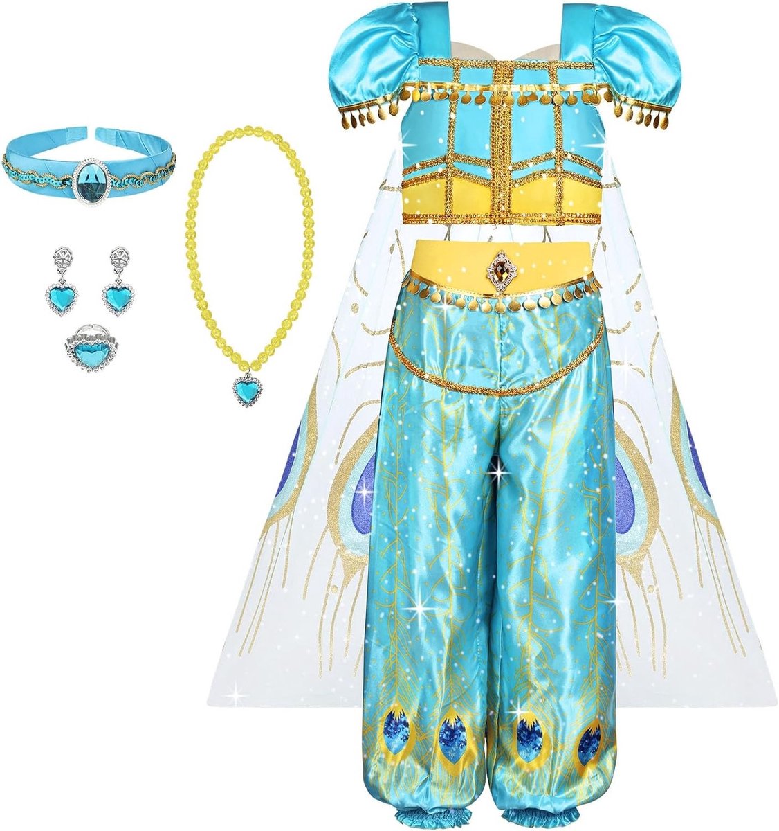 Jasmine Kostuum voor Meisjes - 8-delig Prinsessen Outfit Set met Jurk, Broek, Sieraden en Cape voor Feestjes en Cosplay