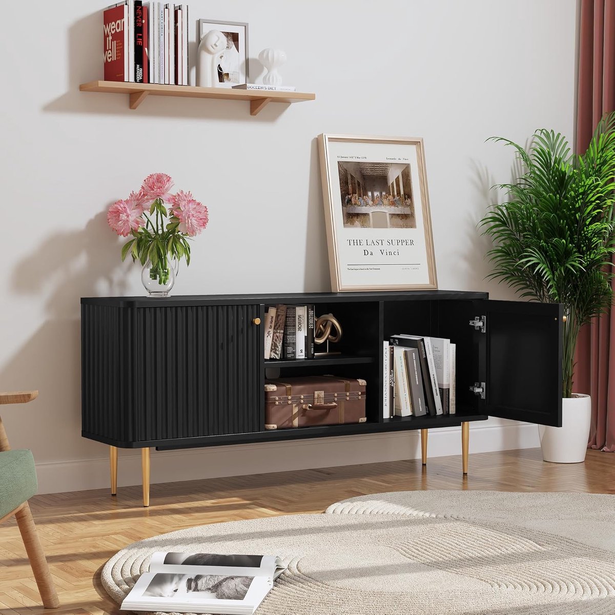 Modern Wave Design TV Meubel 140 cm met 2 Deuren en Verstelbare Plank Zwart 62 x 140 cm Lowboard voor TV tot 65 inch