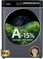 Grijze wasmachine met 8KG capaciteit, A-15% energie-efficiëntie label en een 12-jarige motorgarantie.