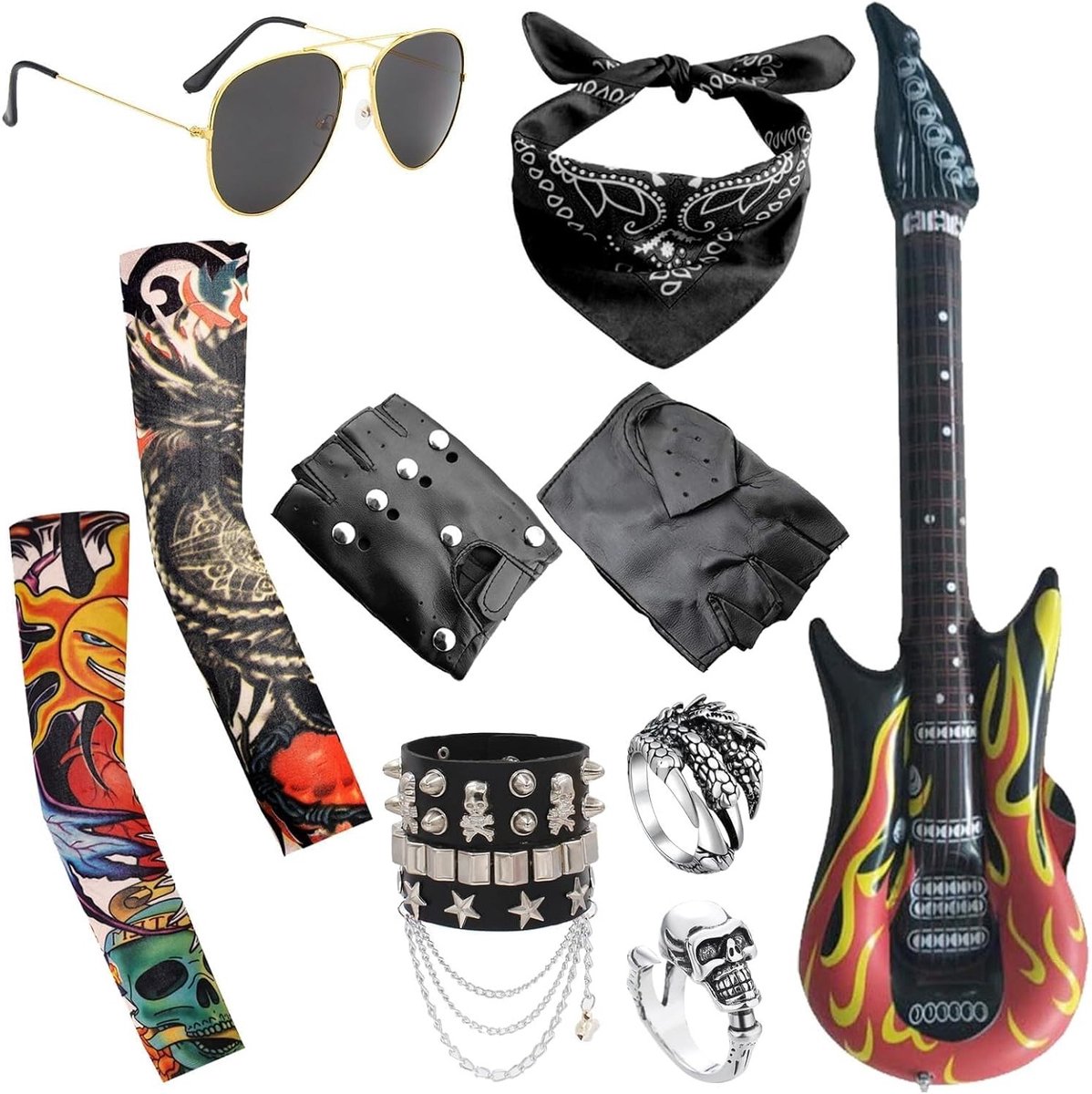 Punk Gothic Rocker Accessoires Set met 11 Stukken voor Cosplay, Feest en Retro Kostuums uit de Jaren 70, 80 en 90