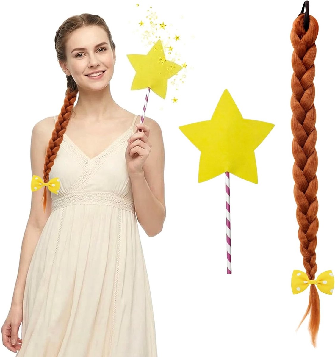 Brune Gevlochten Peruk met Ster en Gele Strik voor Halloween, Cosplay en Feestkleding