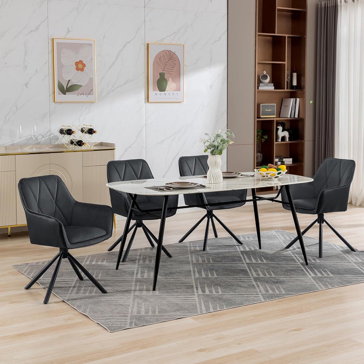 Luxe 360° Draaibare Eetkamerstoel met Armleuningen en Velvet Bekleding – Donkergrijs/Zwart – 41x40x85,5 cm