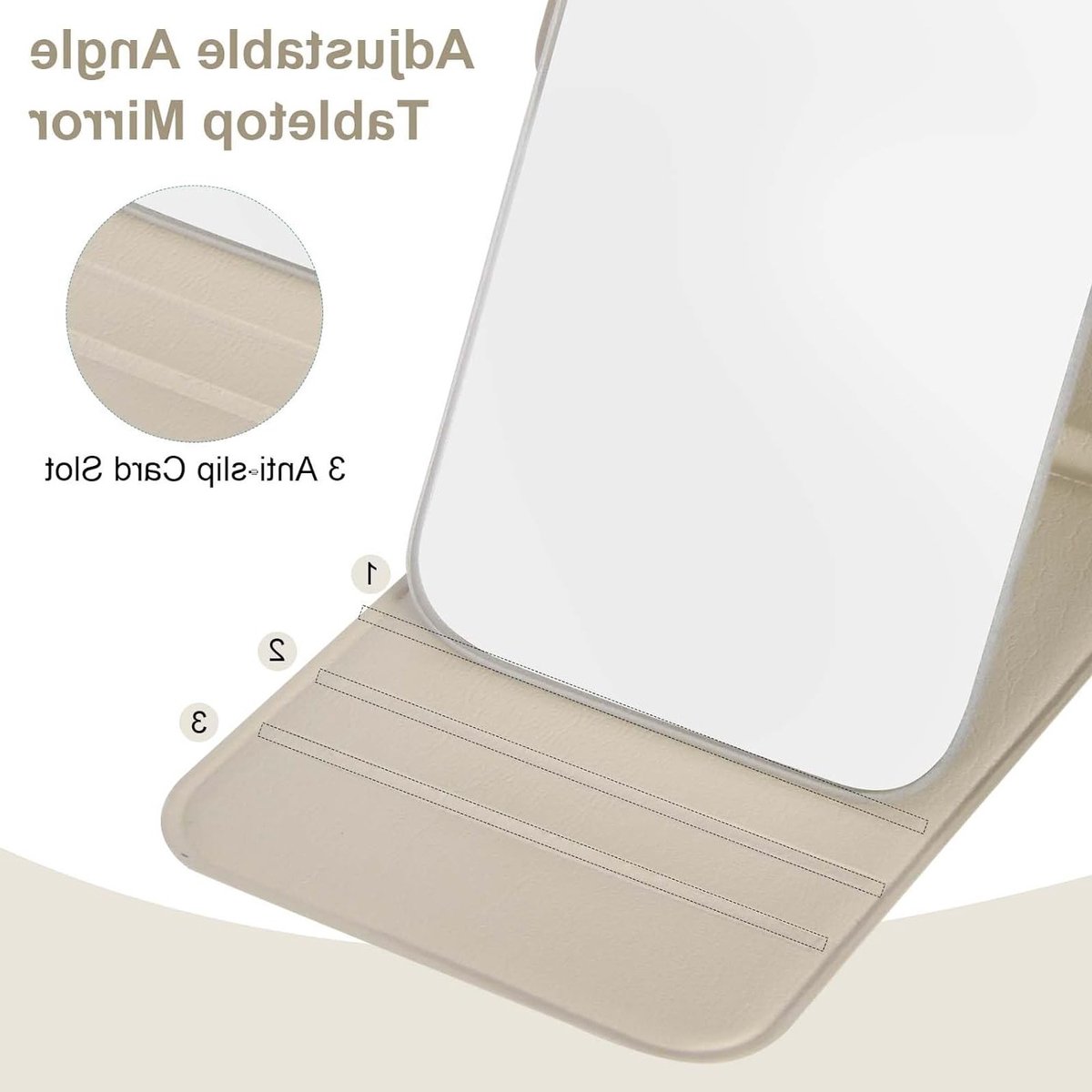 Vouwbare Make-up Spiegel 11 x 7 cm, Draagbare Tafelspiegel van PU Leer, Ideaal voor Scheren en Make-up Aanbrengen (Beige)