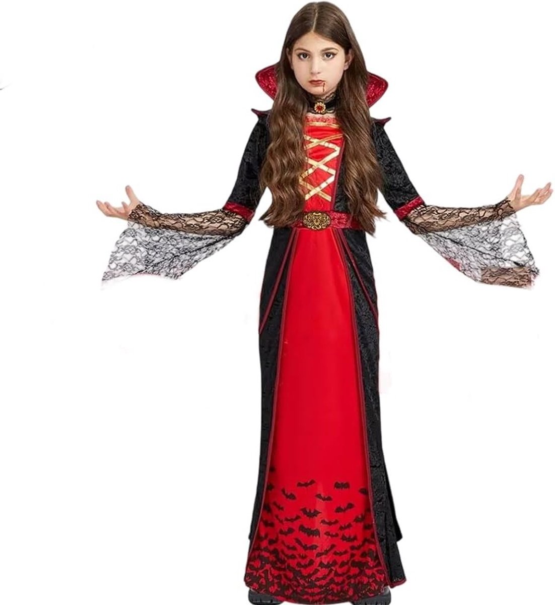 Vampier Kostuum voor Meisjes - Halloween Kostuum voor Kinderen, Carnavalsoutfit, Cosplay, Maat L (130-145 cm)