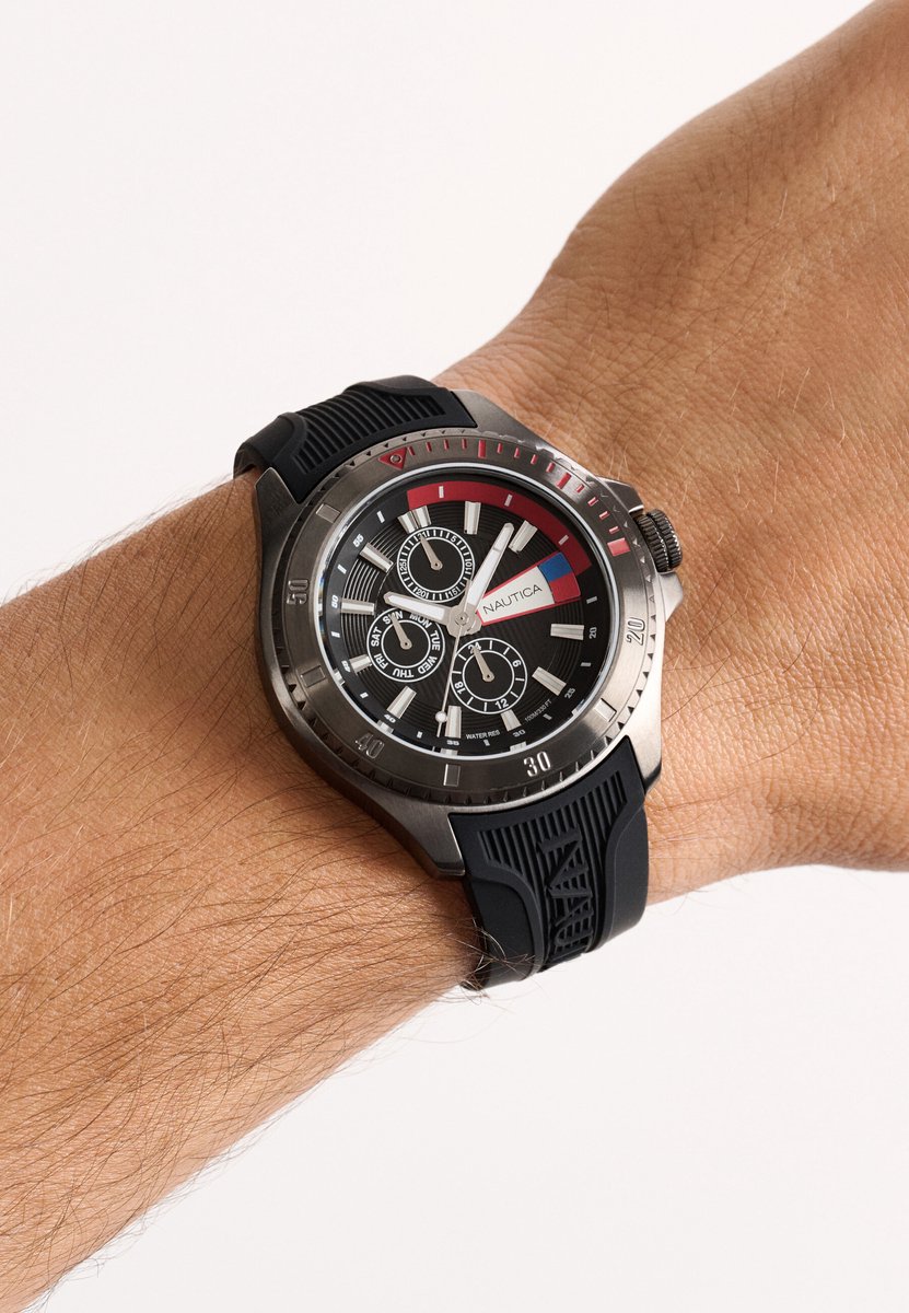 Nautica Nct Leeway Quartz Analoog Horloge Zwart Kast: 100% Roestvrij Staal | Armband: 100% Siliconen 45 mm NAPLWS601, NAPLWS603