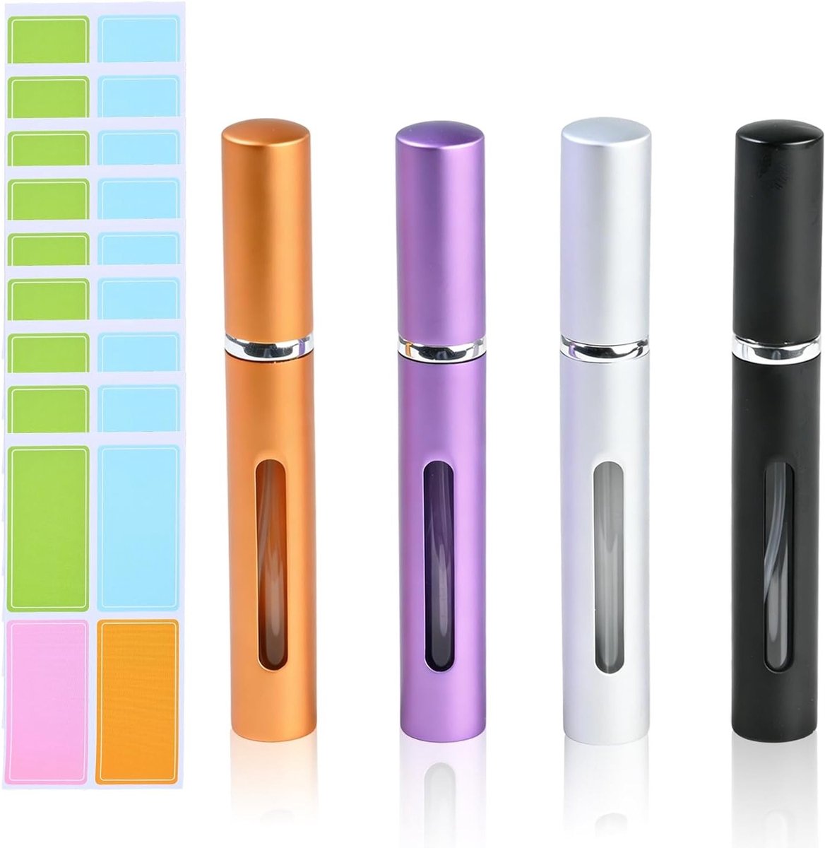 Set van 4 Navulbare Parfumatomisers 5ml - Draagbare Mini Sprayflessen met Venster voor Reizen in Zwart, Zilver, Goud en Paars