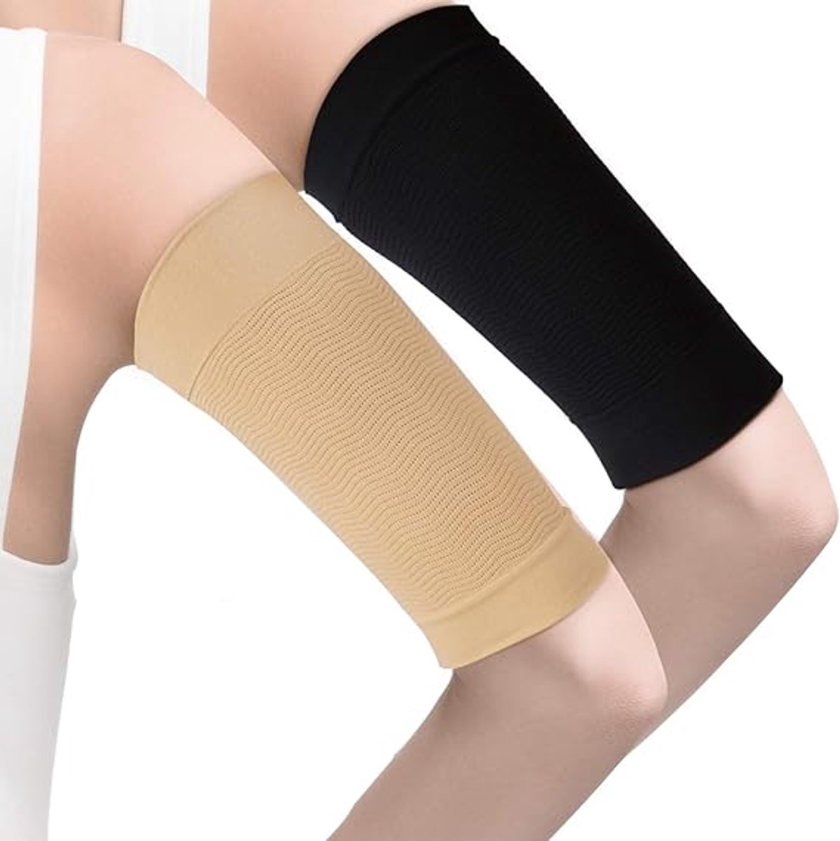 Set van 2 afslankende en vormgevende armmouwen, unisex, geschikt voor overtollig vet op de bovenarmen, met zonbescherming en bedekkende functies - zwart en huidskleur.