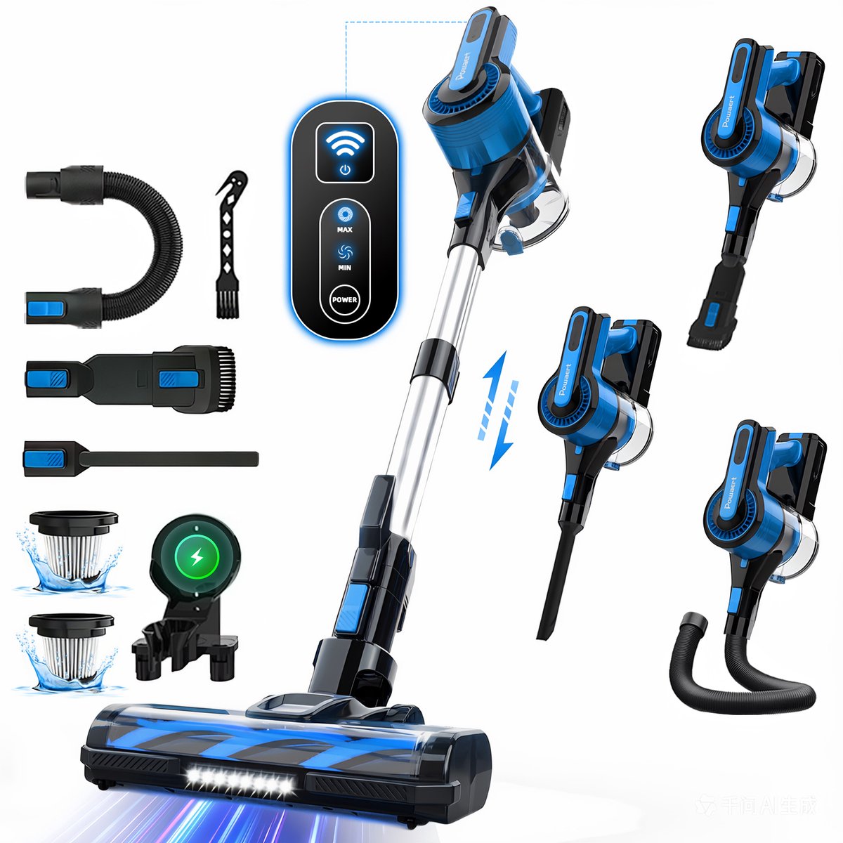 Grenintol V870 Steelstofzuiger - Snoerloze Stofzuiger met Accu - Draadloos Steelstofzuiger - 60000Pa Krachtige Zuigkracht - 350W Borstelloze Motor - 1.6L Grote Stofbak - HEPA Filter - LED Verlichting - Voor Dierenharen & Harde Vloeren - Blauw