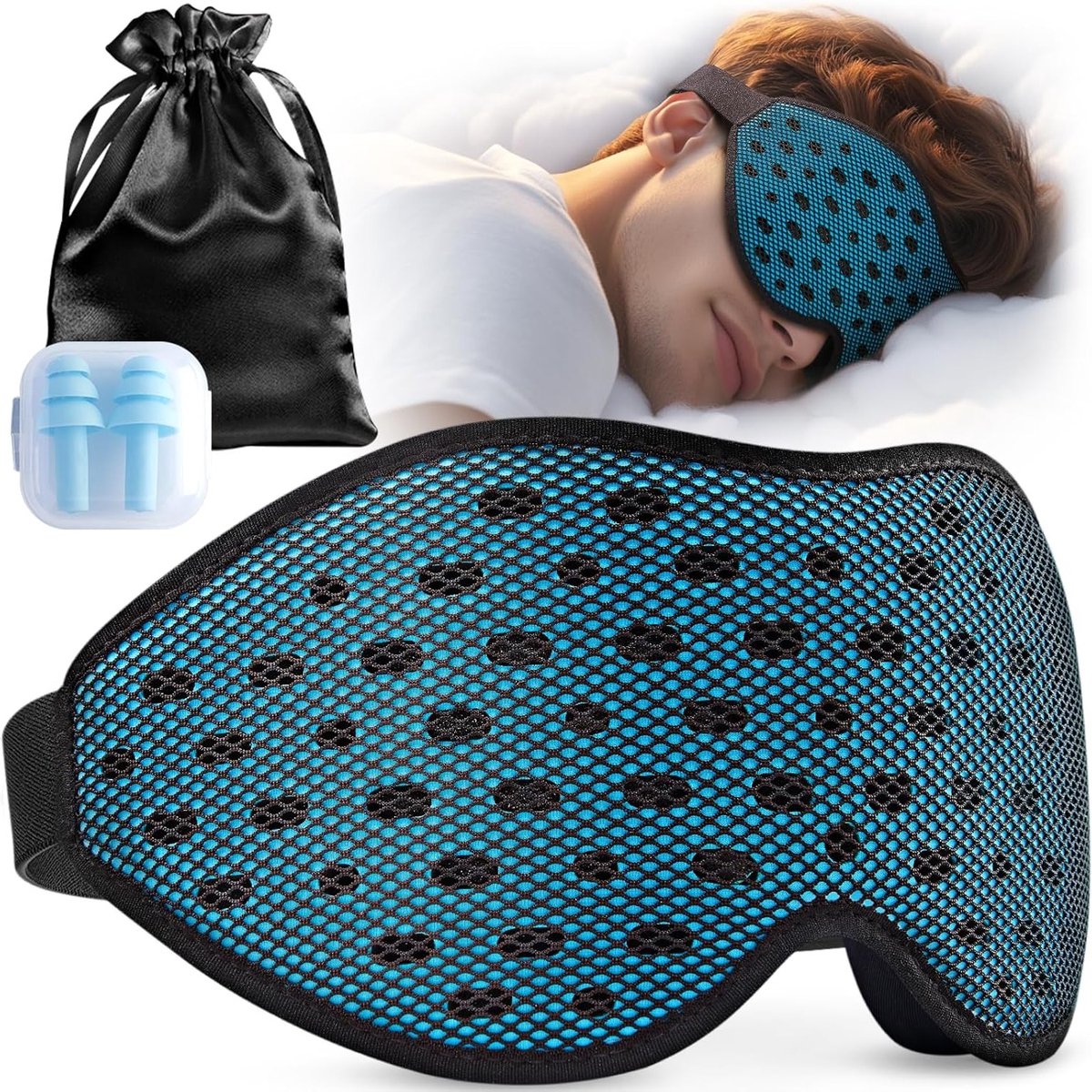 Ademend 3D Slaapmasker voor Zijliggers, Comfortabele en Lichtgewicht Oogmasker met Opbergtas en Oordopjes voor Vliegen, Reizen en Kantoor, Blauw