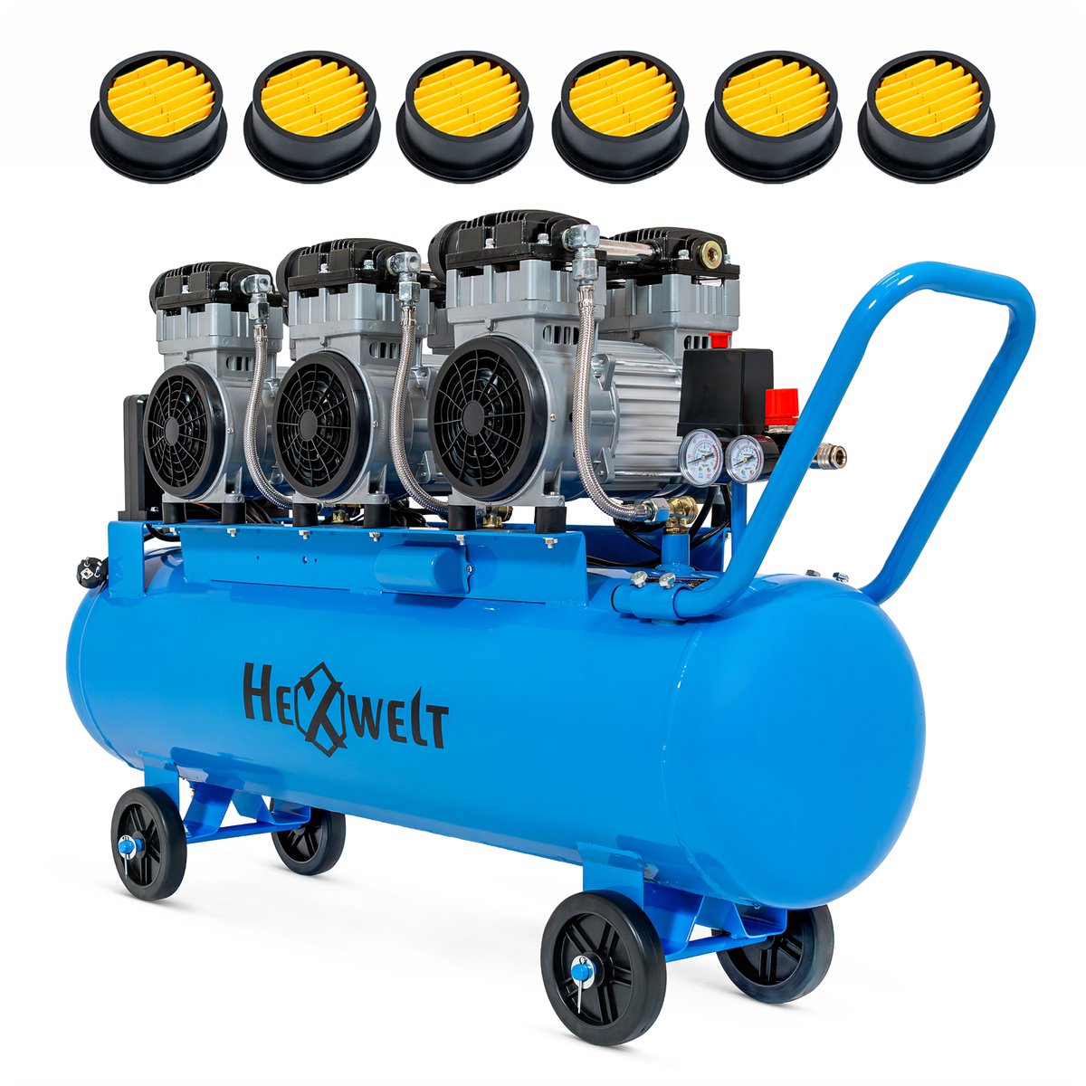 HEXWELT Olievrije Compressor 100L - 3300W, 8 Bar, 6 Cilinders, Stil 72 dB