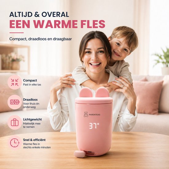 Parenteas Flessenverwarmer PRO Roze - Flessenwarmer - Onderweg - Draadloos - Draagbaar - Oplaadbare - USB - Baby Flessen - 4 Temperatuurniveaus - USB-C - Inclusief Adapters - Nachtgebruik - Roze Verwarmer van Merkloos — afbeelding 2