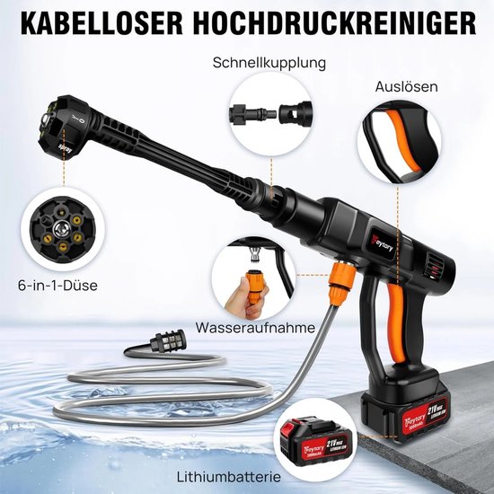 Cellista Hogedrukreiniger Draadloos - Autowasmachine - Accu Drukreiniger - 45 Bar - 6-in-1 Mondstuk - 5 m Slang - 4.5 L/min van Merkloos	 — afbeelding 3