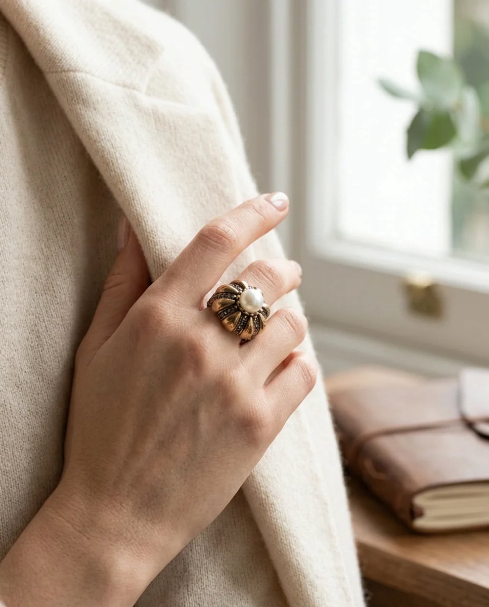 Dorvina Vintage Dames Ring Bronzen tantik Sieraad Margazit Parel Antiek Granaatappel Model Vruchtbaarheidssymbool Verstelbaar