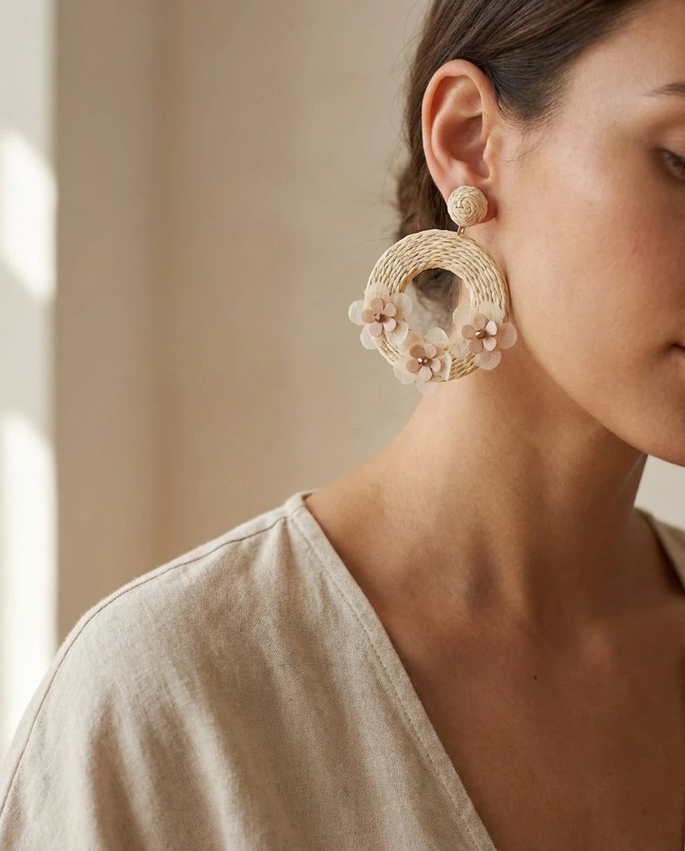 Dorvina Rotan Dames Oorbellen Krem Rengi Hangende Rond Bloemen Bohem Zomer Dames Oorbellen