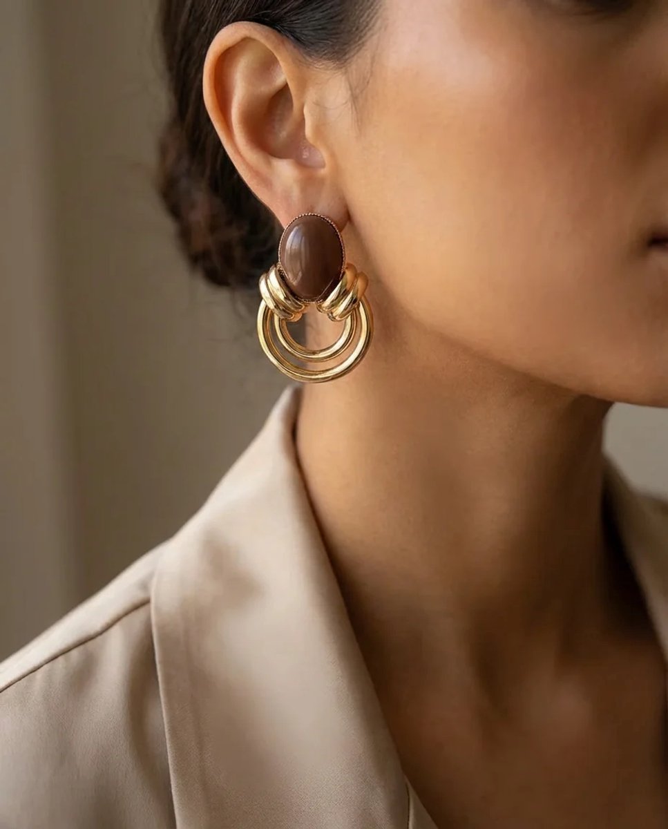 Dorvina Messing Verkleurt Niet Sieraad Goudkleurig Kahverengi Steen Ring Model Vintage Dames Oorbellen