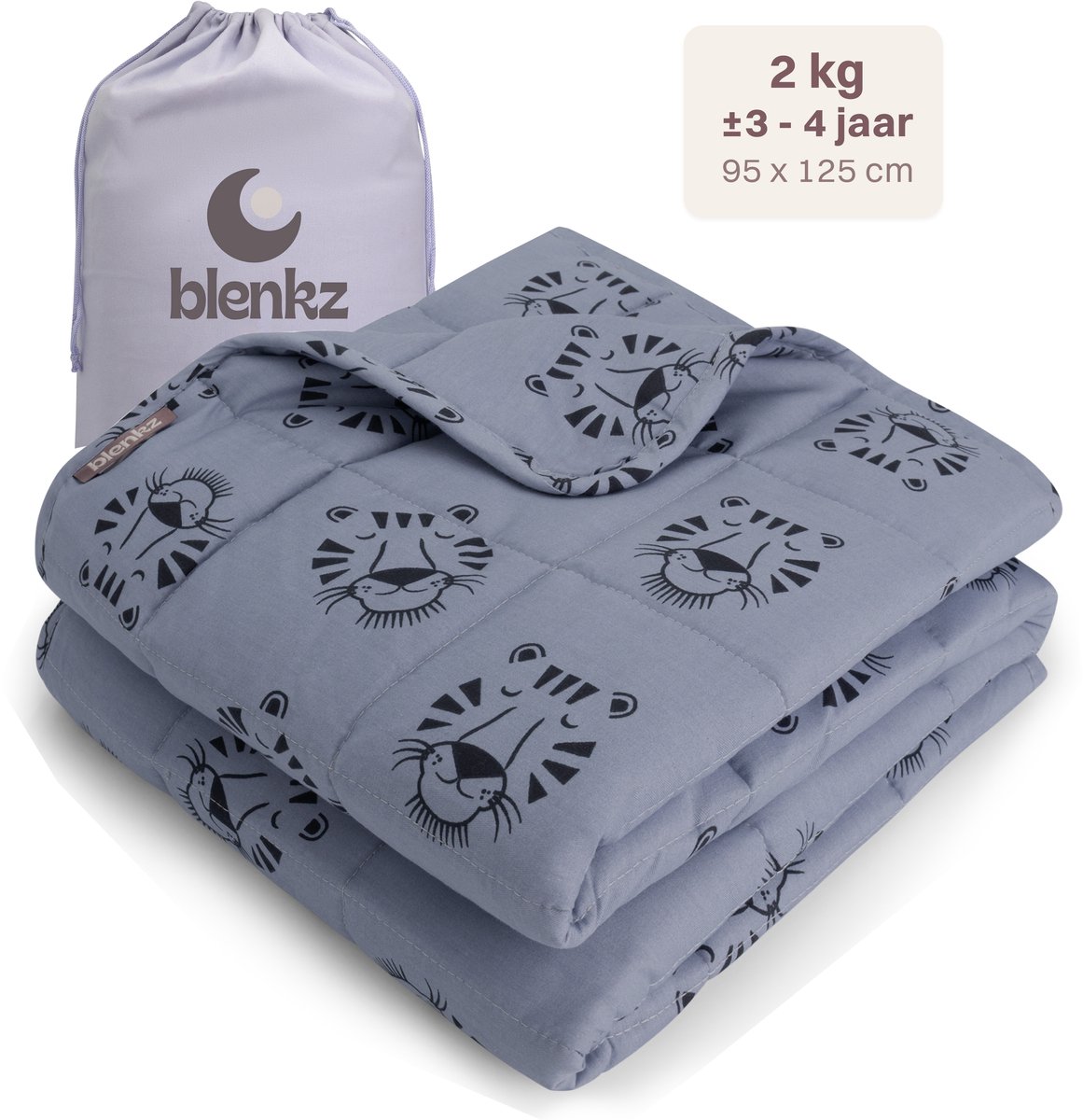 BLENKZ verzwaringsdeken kind 2kg - 95x125 - Tijger Blauw - verzwaringsdeken kind - van 3 tot ±4,5 jaar- zwaartedeken - verzwaringsdekens