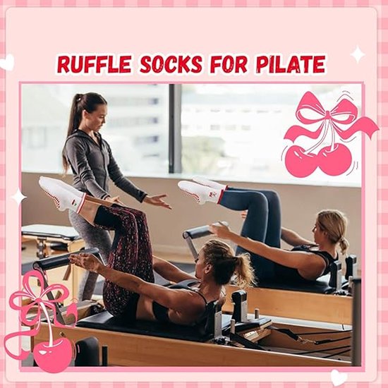 6 Paar - Dames Ruche Antislip Yoga Gripsokken - Antislip sokken - Kersen Hartjes Geborduurde Zachte Sokken - Katoen - Wit - Zachte Ademende Sokken - Voor Binnen Gebruik, Pilates, Ballet & Fitness van Merkloos — afbeelding 4