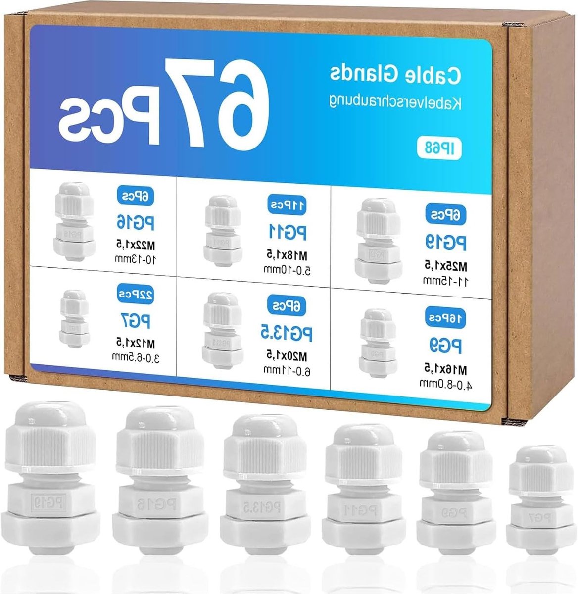 Set van 67 waterdichte kabelschroefverbindingen PG7, PG9, PG11, PG13.5, PG16, PG19 - kabeldoorvoeren met afdichtingen voor besturingskasten, IP68 bescherming, duurzame verbindingen