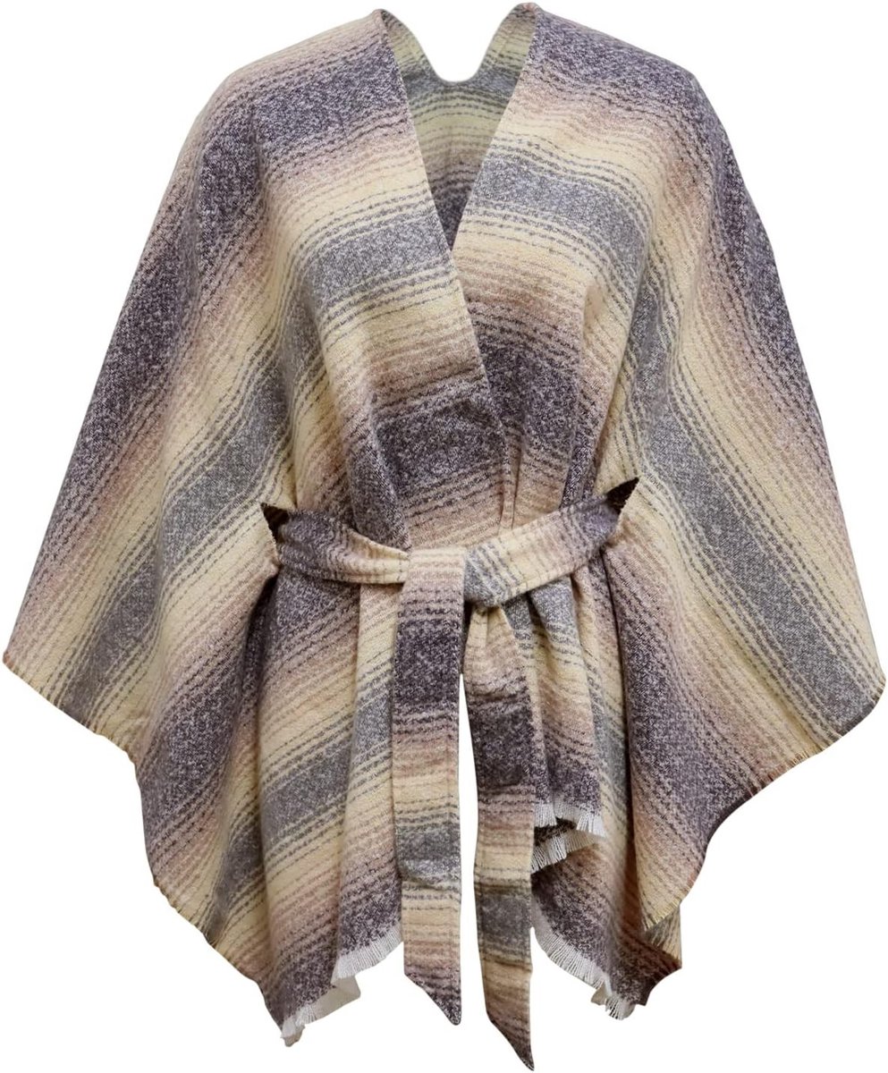 Stijlvolle dames poncho voor de herfst en winter met franjes, print en V-tie riem, perfect voor elke gelegenheid