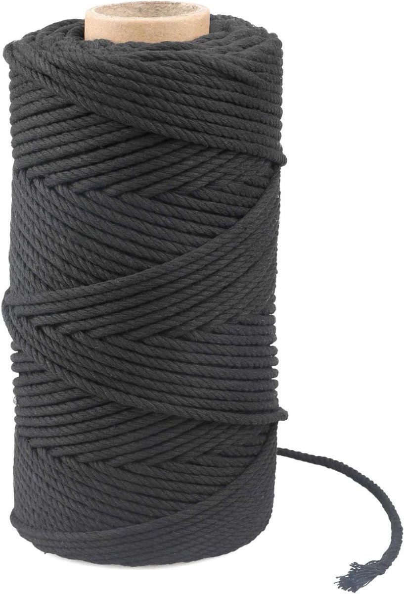 Macrame Koord 4mm 100m Zwart Katoen Touw voor Ambachten, Decoratie, Plantenhangertjes en Wandhangers