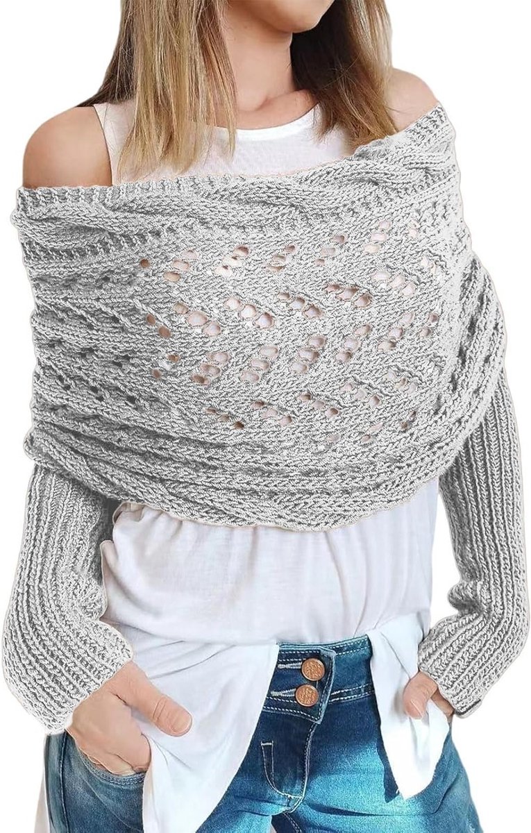 Elegante Dames Winter Poncho met Mouwen - Korte Warme Gebreide Cape in Lichtgrijs, One Size, Perfect voor Koude Dagen en Modebewuste Vrouwen