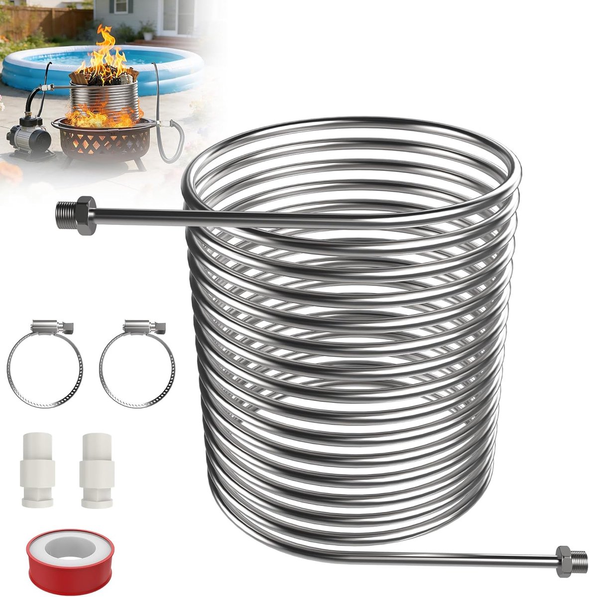 Zwembadverwarming - Roestvrij Staal Spiraalverwarmer - Stroomloze Zwembadverwarming - 14m Buis van 304 ROESTVRIJ Staal - Efficiënte Spiraalverwarming met 1/2 inch Aansluiting - Waterverwarmer voor tuinzwembad, camping en buiten - NAIZY