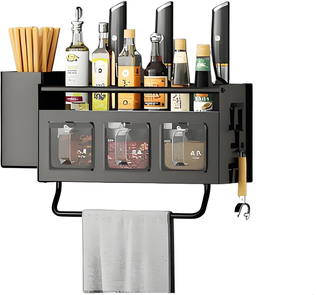 Hearyoo Keukenrek Wand - Kruidenrek met Haken en Potjes - RVS Wandplank - Zonder Boren - Zwart