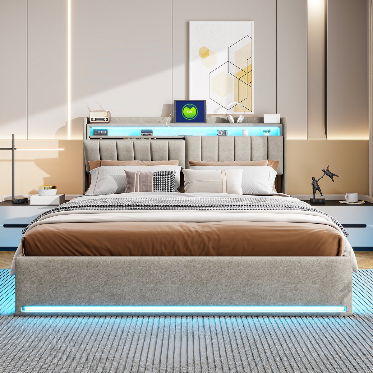 ROSAHQNDA Gestoffeerd bed 160 x 200 cm, tweepersoonsbed met ledverlichting en usb-poort, opbergruimte in het hoofdeinde, hydraulische rails, fluweel, grijs