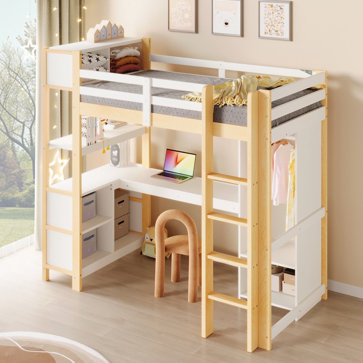 Sweiko Hoogslaper - 90 x 200 cm - Opbergplanken - Inclusief bureau - Kledingkast - Kinderbed - Naturel + Wit