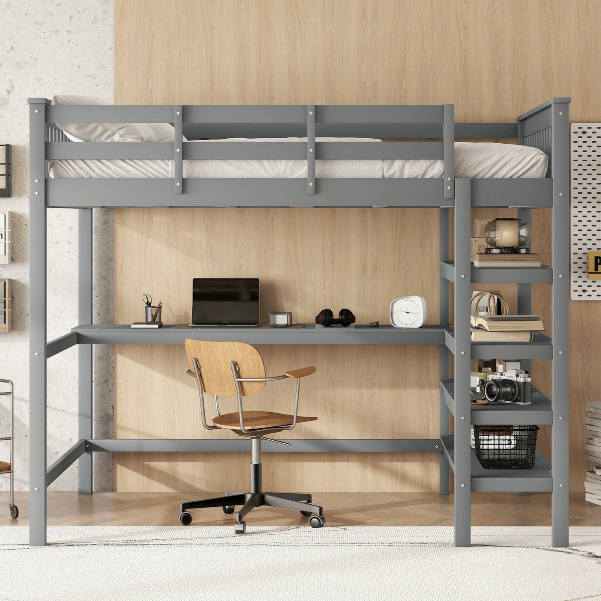 VVBV Hoogslaper 140x200 cm met Bureau en Opbergvakken - Kinderbed van Massief Hout - Zonder Matras - Grijs