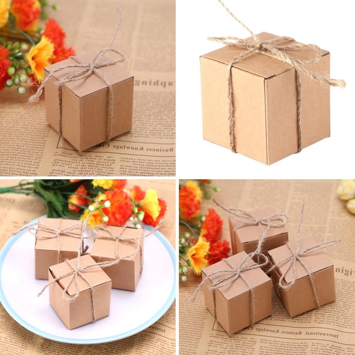 Kraft Papier Dozen voor Cadeaus - 50 Stuks met Jute Touw voor Bruiloften, Babyshowers en Verjaardagen