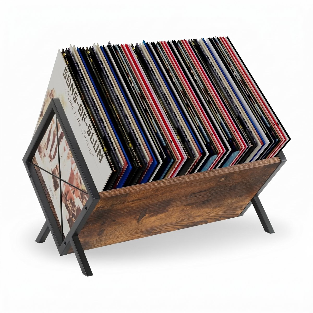 LifeLux Luxe LP Houder – Eikenhouten Platenrek met Zwart Staal – LP opbergsysteem / platenhouder vinyl Flip-Through Design – ca. 80 LP’s – LP kast