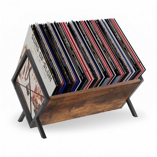 LifeLux Luxe LP Houder – Eikenhouten Platenrek met Zwart Staal – LP opbergsysteem / platenhouder vinyl Flip-Through Design – ca. 80 LP’s – LP kast
