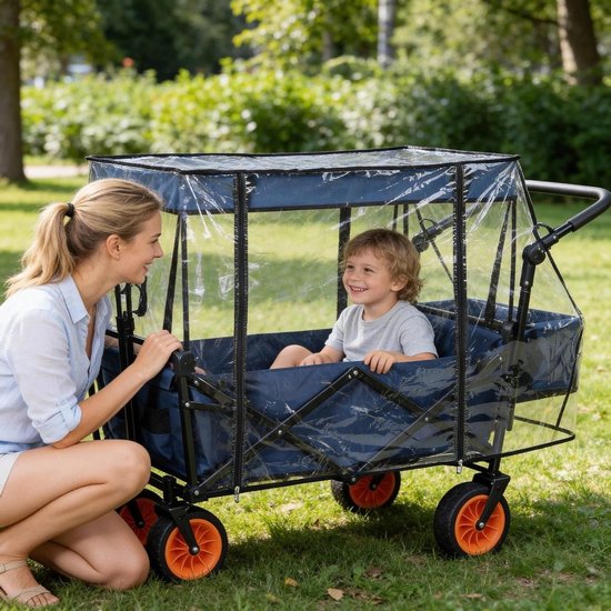 Opvouwbare bolderkar met transparante regenhoes en ritssluiting, ideaal voor kinderen en stranduitjes van Merkloos — afbeelding 4