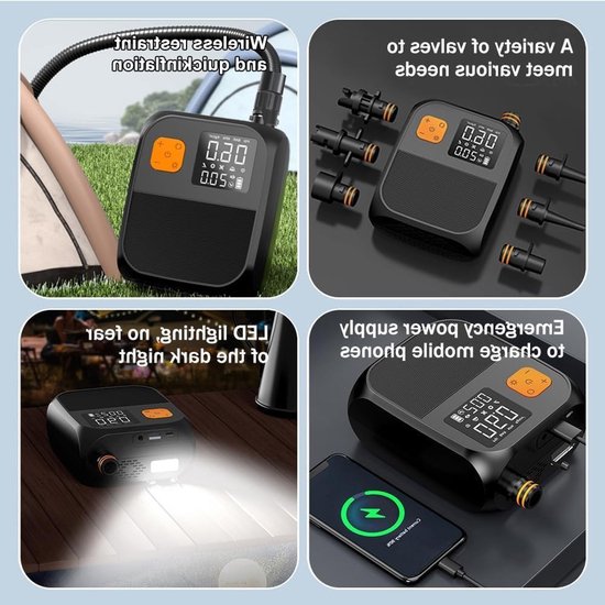 Elektrische SUP-pomp 25 PSI, oplaadbare elektrische paddle-opblaaspomp 8000mAh USB-C / auto DC12V, 6 SUP-mondstukken, snelle opblaaspomp met automatische stopfunctie voor luchtmatrassen, kano's, kajaks en opblaastenten. van Merkloos — afbeelding 4