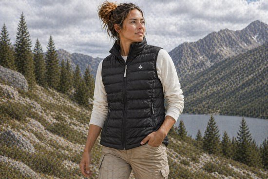 Model met bruin haar in een zwarte, gewatteerde bodywarmer, beige broek, buiten in de bergen.