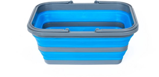 Bassin de lavage pliable en plastique gris et bleu, avec plis horizontaux et poignées.