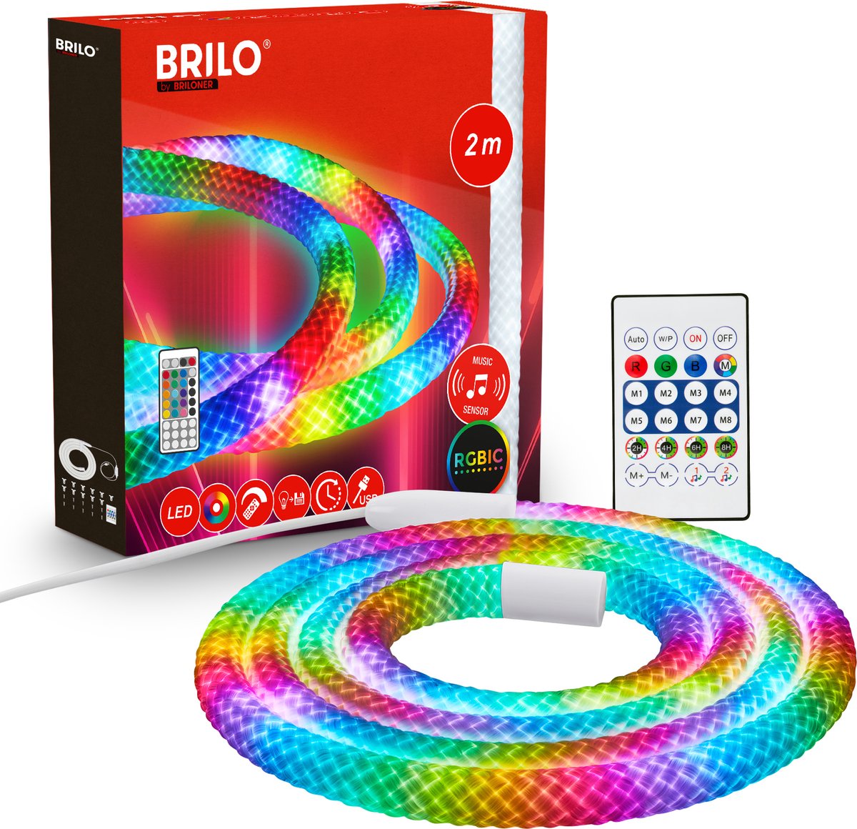BRILONER - LED Strip - 2 meter - RGBWIC kleurwisseling - met afstandsbediening - 360 graden verlichting - wit - gaming - voor woonkamer