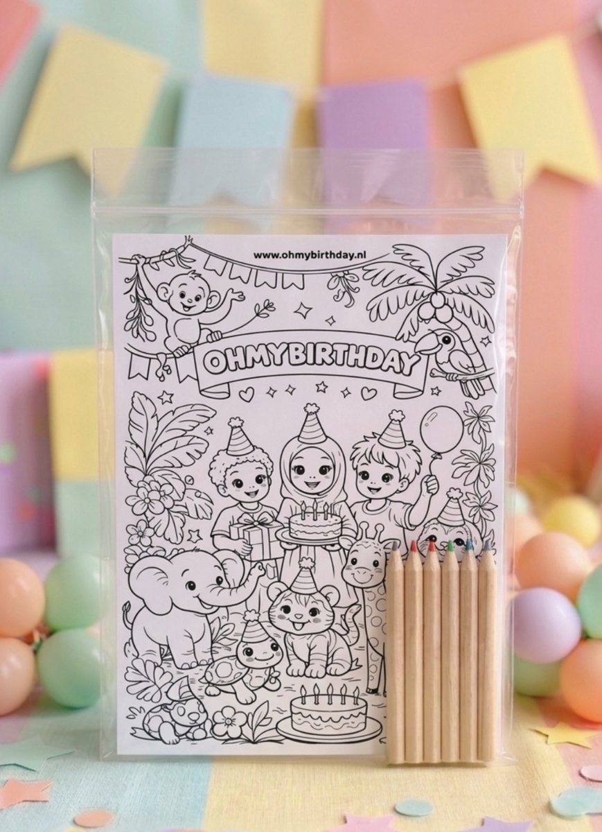 Knutsel Traktatie - 10 stuks - Thema: Jungle / Dieren - Merk: Ohmybirthday - 1 x Luxe Kleurplaat & 6 x Kleurpotloden - Verjaardag Traktatie / Uitdeelcadeau / Trakteren - Luxe Set & Hoge Kwaliteit - Knutselpakket - Kleuren, Tekenen & Knutselen