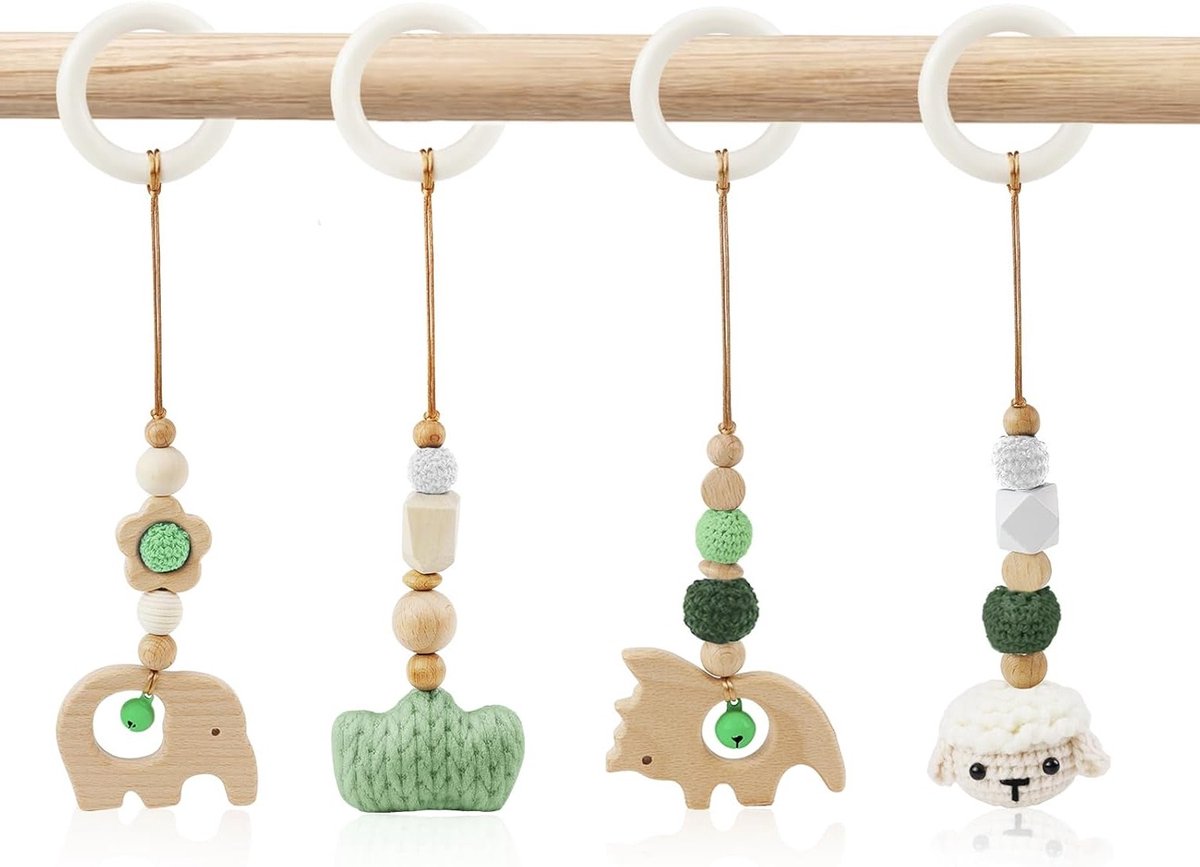 4-delige Speelboog met Baby Speelgoed voor 0 Maanden en Ouders, Houten Gym Hanger voor Baby's, Geschikt voor Kinderwagens en Autostoelen (Groen)