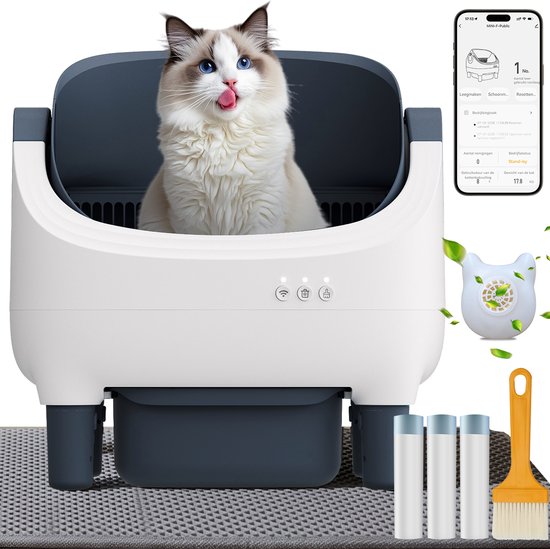 Litière blanche avec un chat Ragdoll qui lèche hors de l'ouverture. Accessoires inclus : tapis, brosse et 3 rouleaux de sacs.